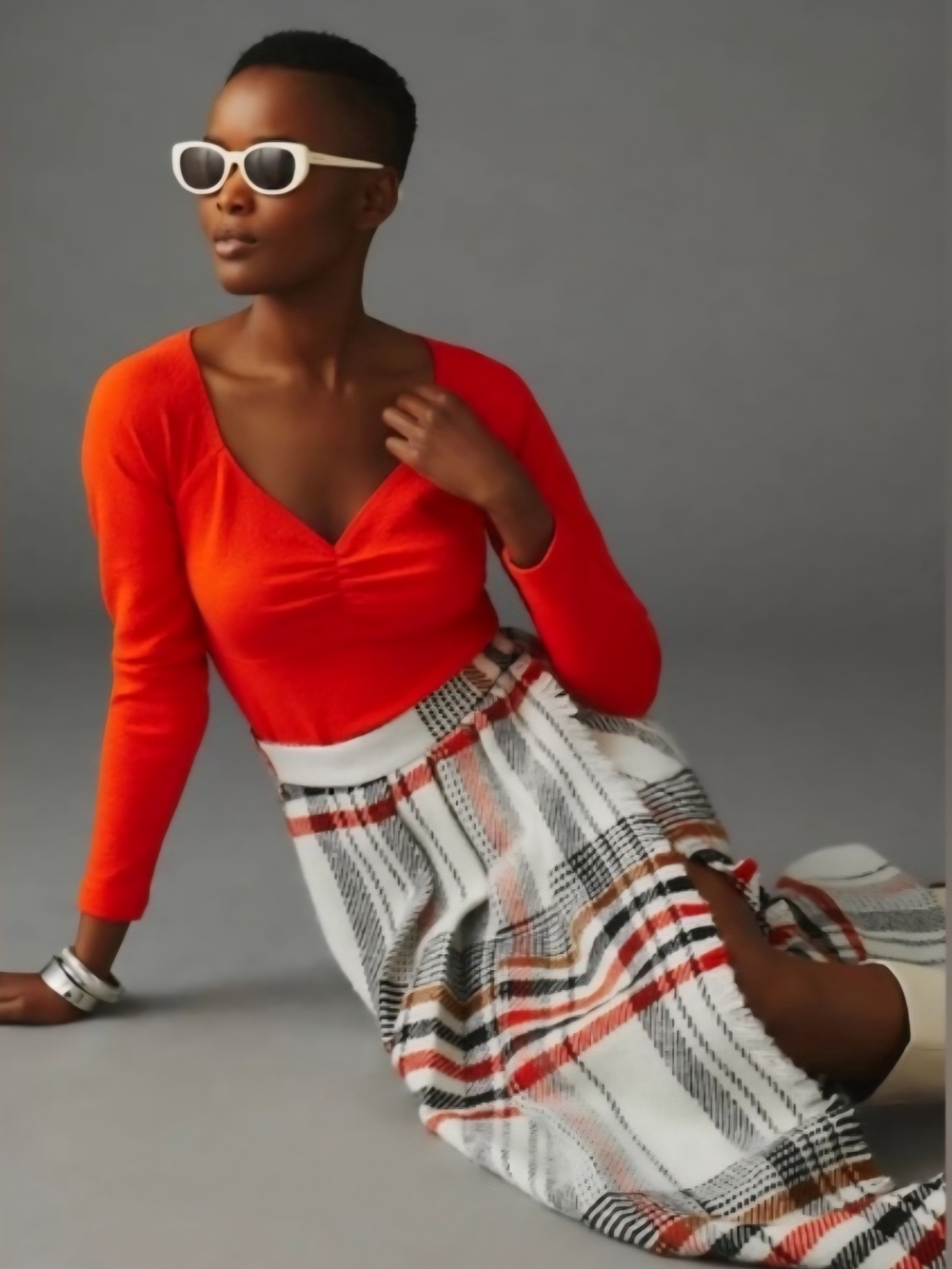 Anthropologie Bright Orange Sweetheart 3/4 Sleeve Knit Textured Top